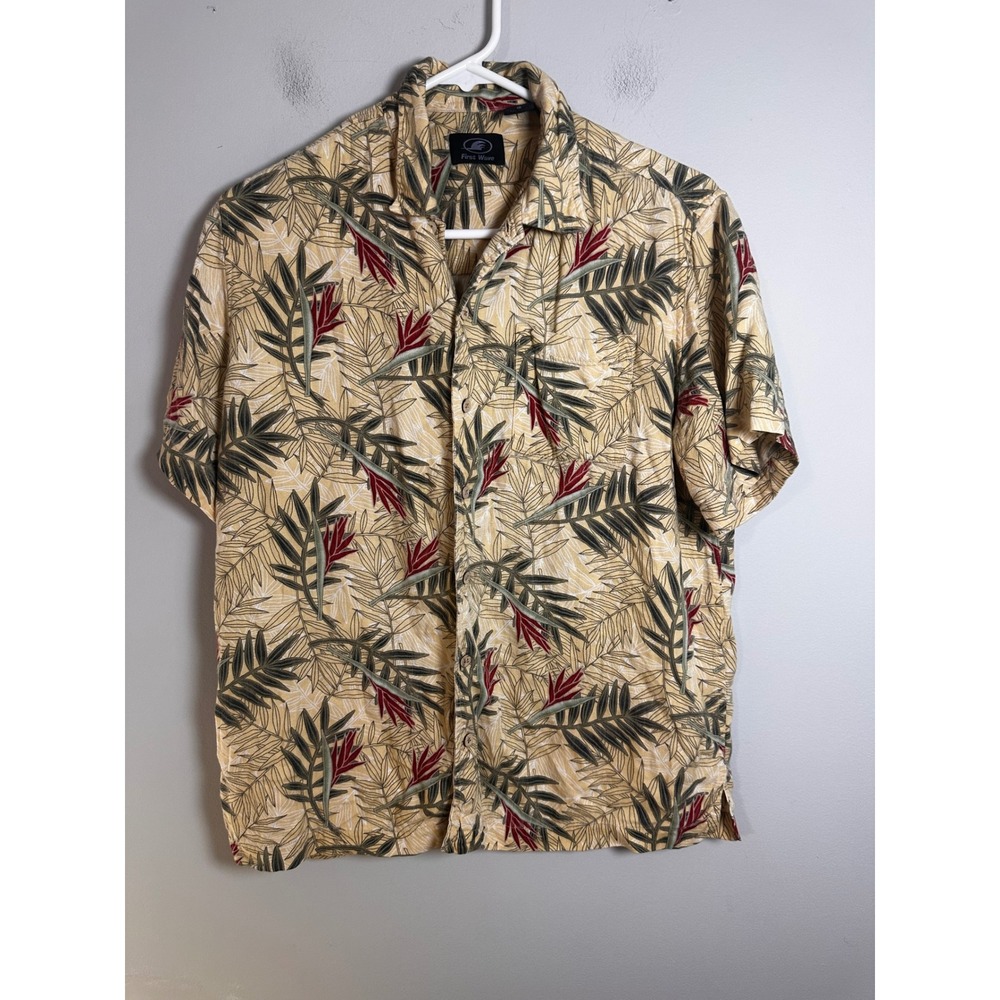 First Wave Tan Tropical Floral Rayon Herringbone Button Down Camp Shirt Size 16